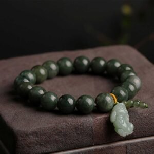 Green Jade Bracelet with Pixiu - Invite Wealth & Calming